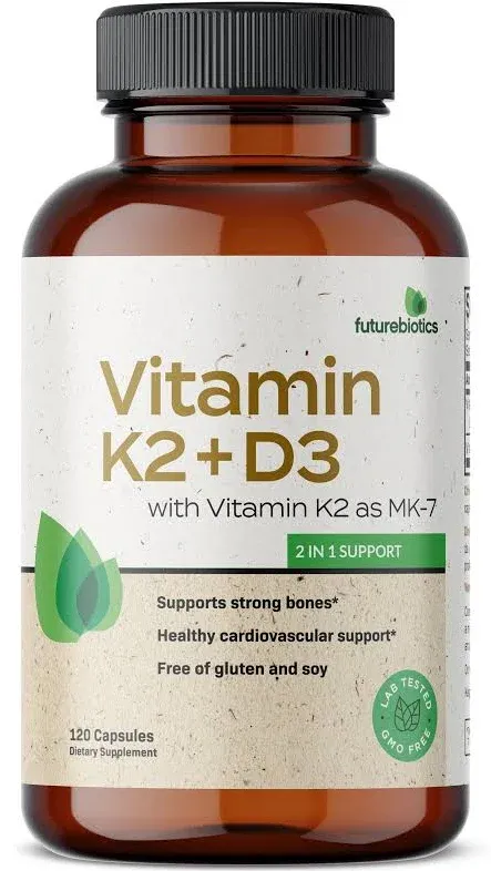 Futurebiotics Vitamin K2 (MK7) with D3 Supplement - Non-GMO Formula - 5000 IU Vitamin D3 & 90 mcg Vitamin K2 MK-7, 120 Vegetarian Capsules