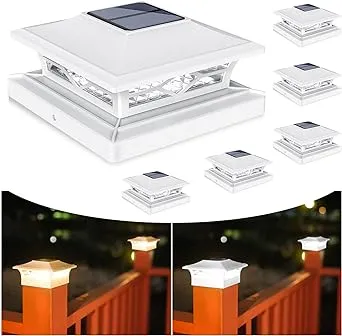 VOLISUN Solar Post Cap Lights,6Pack Outdoor Fence Post Cap Lights, White/Black Solar Powered Deck Lights for Dock Waterproof 2 Color Modes,4x4/6x6