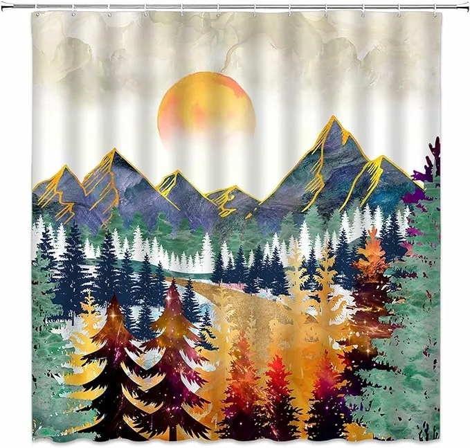 Abstract Mountain Shower Curtain Nature Watercolor Sunrise Sunset Landscape Colorful Forest Bathroom Curtain with Hooks,70''x70''