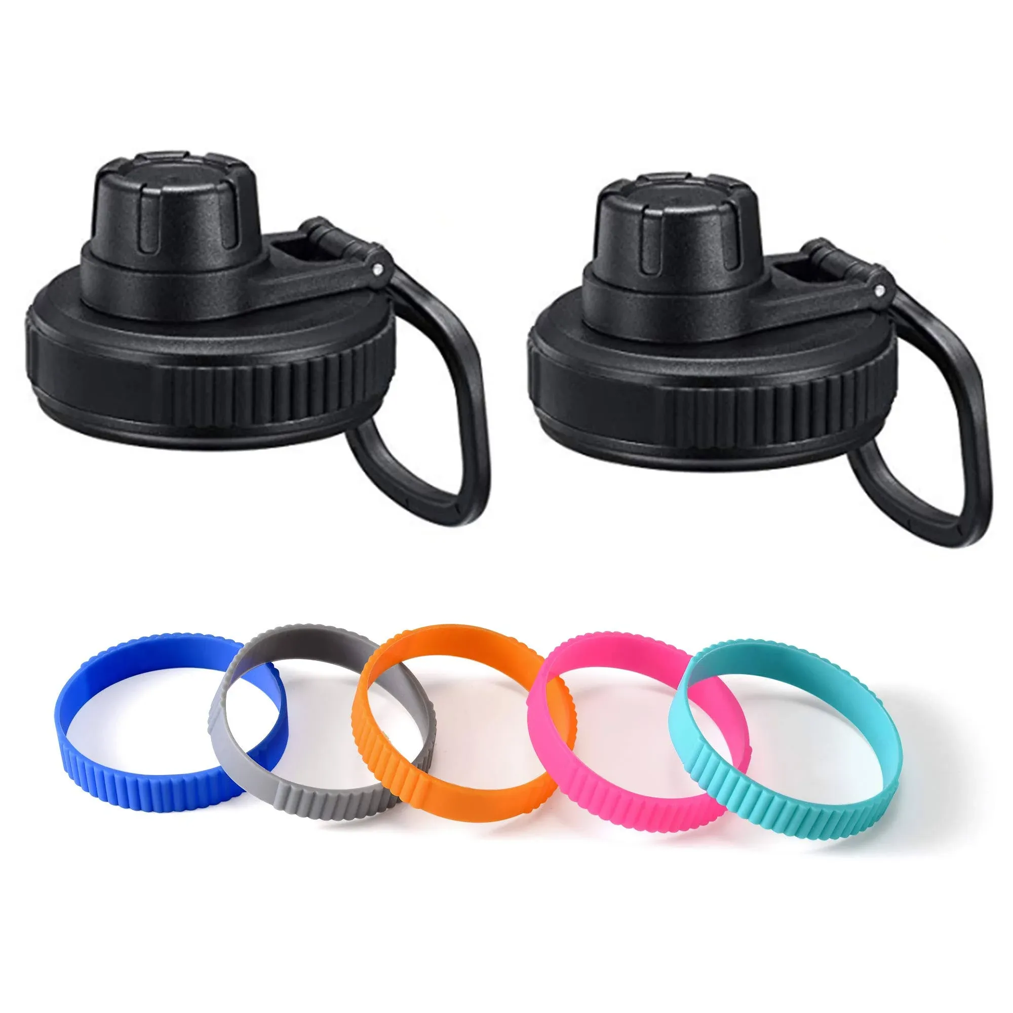 Vmini Spout Lid, Compatible with Hydro Flask Wide Mouth Sports Water Bottle, 5 Different Color Rubber Rings, Big Handle, Easy to Carry, Compatible with Most Wide mouth bottle - Black - 2 PACK