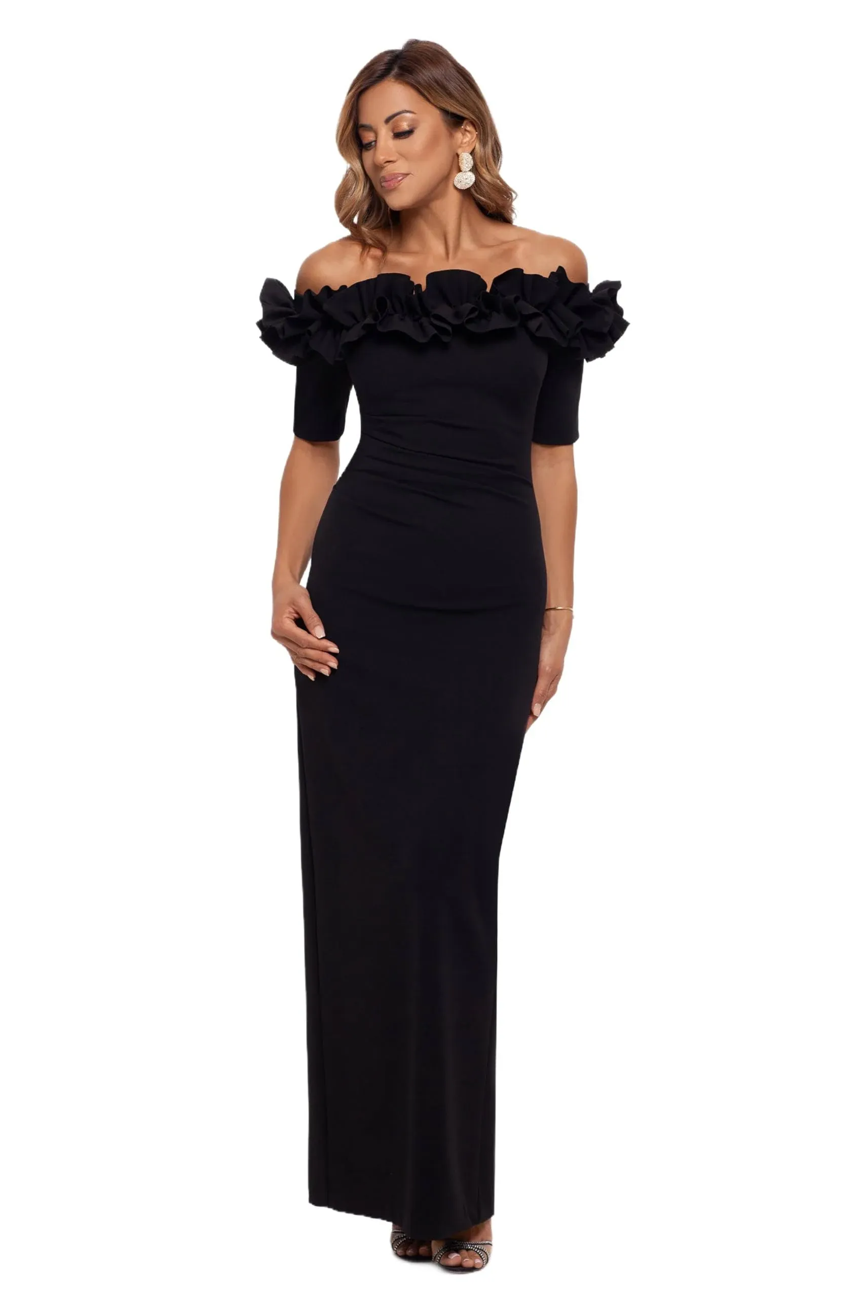 Xscape Isla Long Crepe Off The Shoulder Ruffle Dress Black / 6