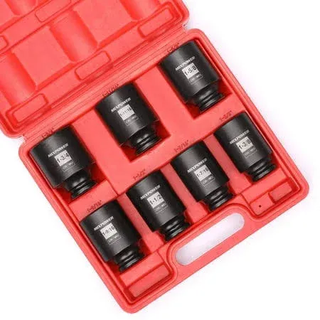 7-Pieces 1/2-Inch Drive Deep Impact Socket Set Axle Nut 6-Point 1-3/8&#034; - 1-3/4&#034;