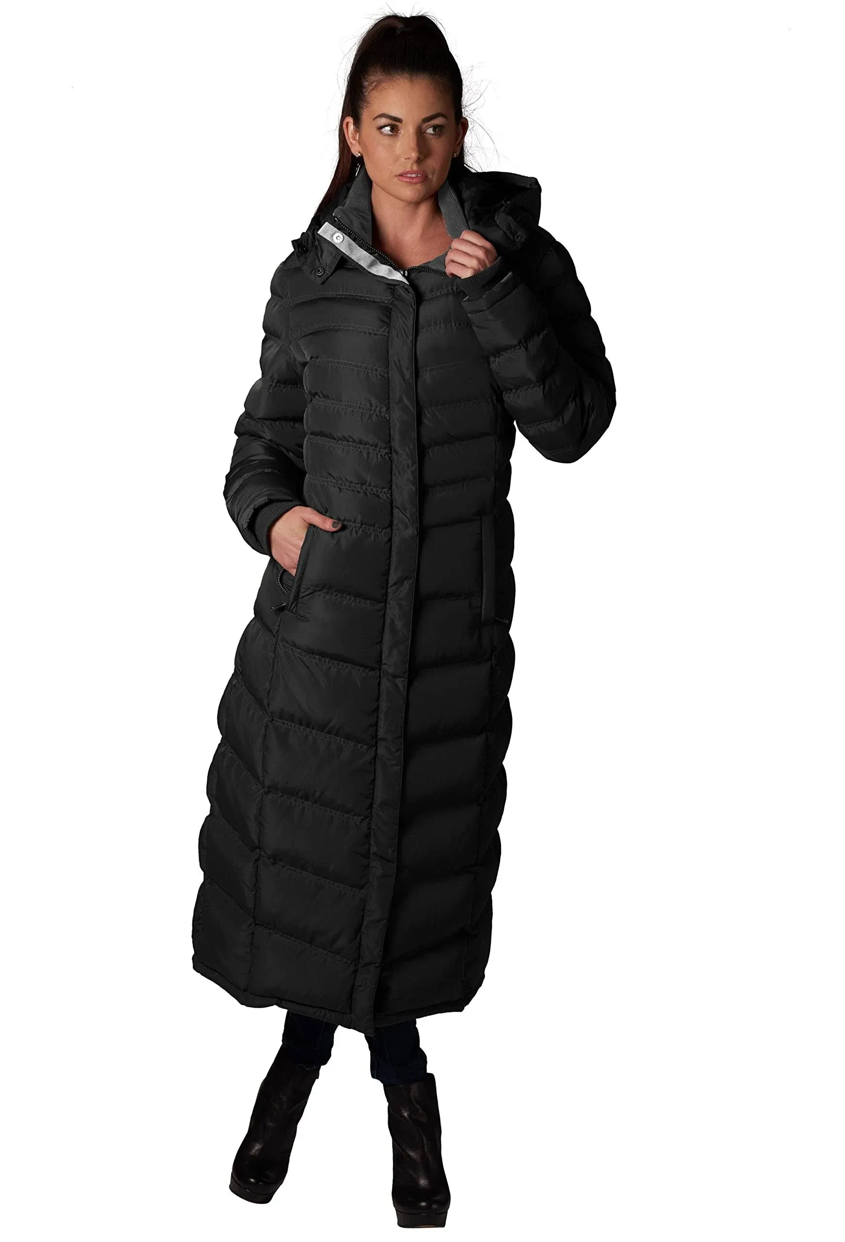 Women's Full Length Fleece Lined Puffer Long Coat with detachable hood.