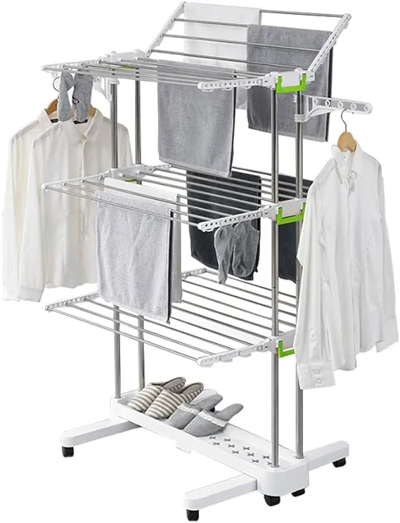 Newerlives BR505 3-Tier Collapsible Clothes Drying Rack with Casters, Laundry Drying Rack, Stainless Steel Hanging Rods, Indoor & Outdoor Use