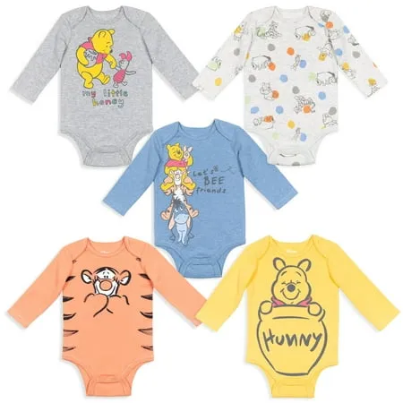 Disney Winnie the Pooh Infant Baby Boys 5 Pack Long Sleeve Bodysuits Multicolored 18 Months