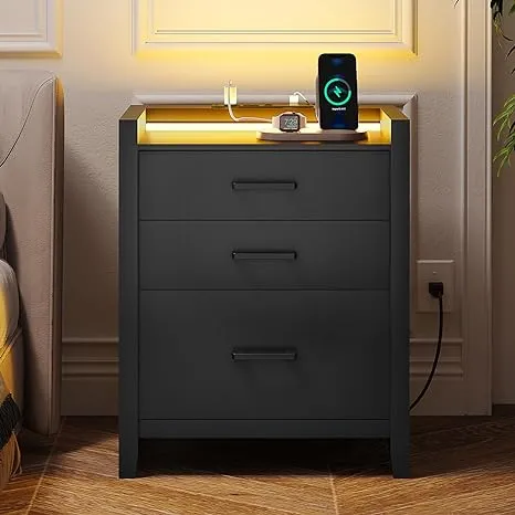 Dextrus LED Nightstand W/ Charging Station and 2 Drawers, Modern End Side Table W/ USB Ports and Outlets, Tempered Glass Open Storage Black