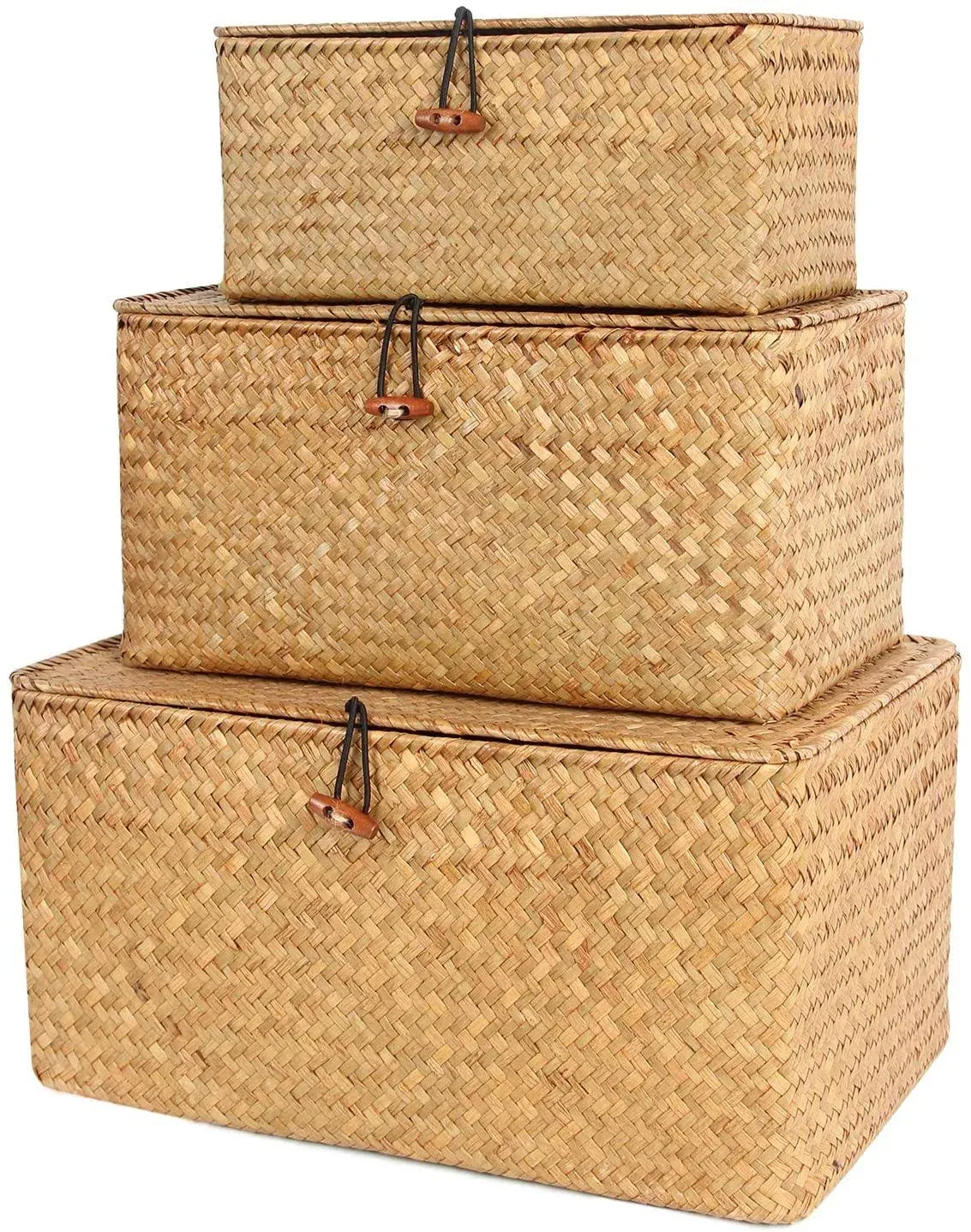 FEILANDUO Shelf Baskets with Lid Set of 3 Handwoven Seagrass Storage Box Wicker Basket Desktop Makeup Organizer Multipurpose Container (Original (S/M/L)