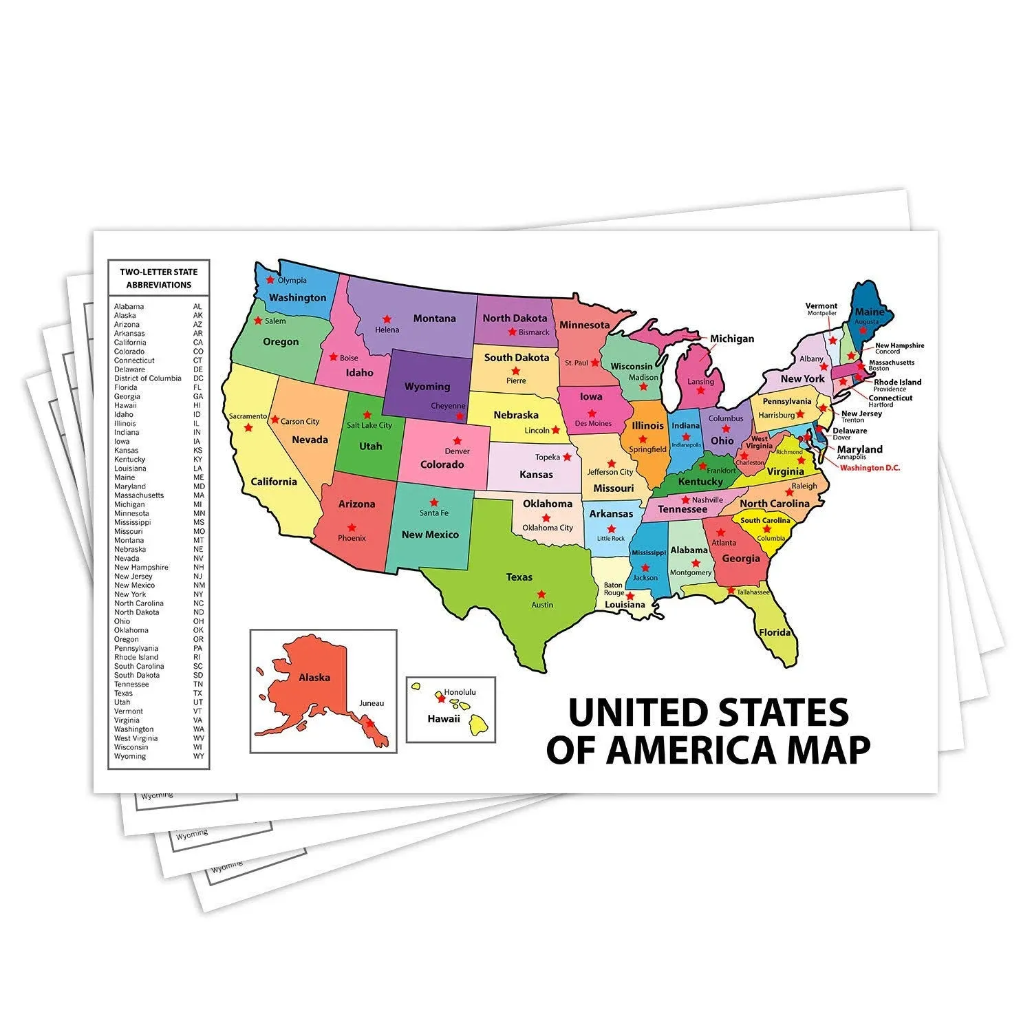 United States Map - USA Poster, US Educational Map - With State Capital - for Ages Kids to Adults- Home School Office - Printed on 12pt. Glossy Card Stock | Bulk Pack of 10 | 12 x 18 Inches