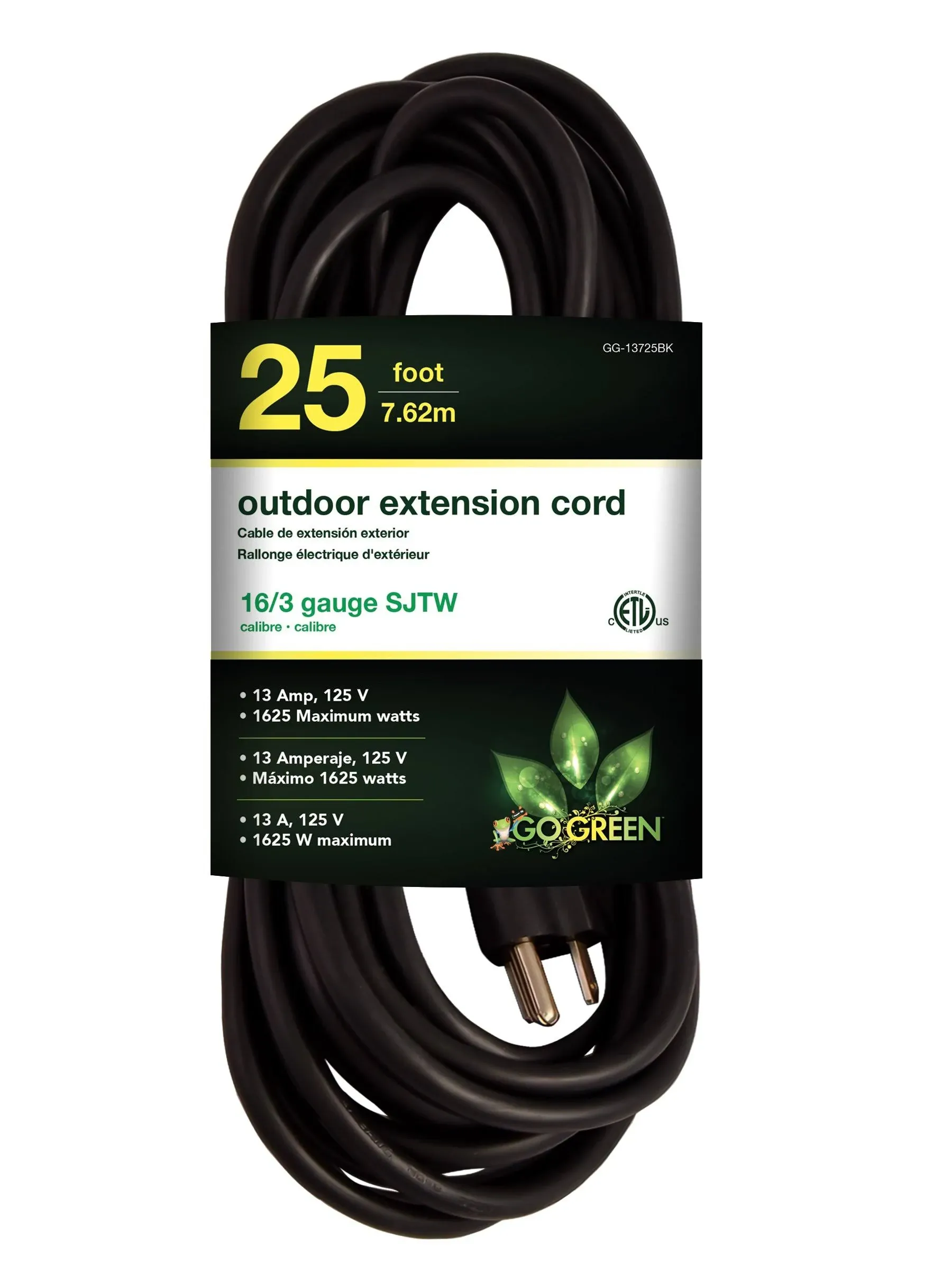 GoGreen Power GG-13725BK 16/3 25' Heavy Duty Extension Cord, Outdoor Extension Cord, Black, 25 Ft