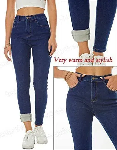  Womens Winter Jeans Thick Skinny Pants Fleece Lined Slim Stretch Medium Blue