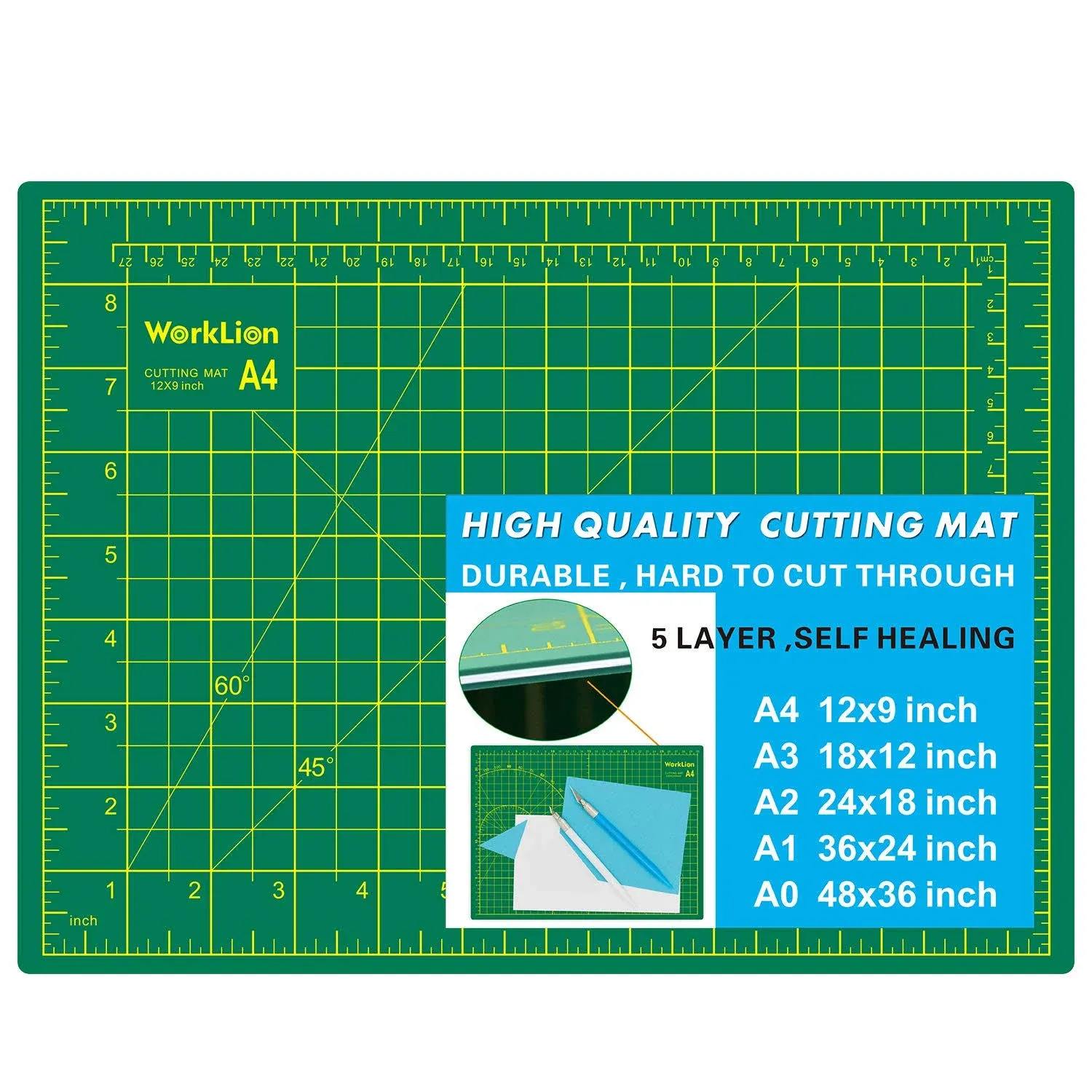 WORKLION Full 9" x 12" Art Self Healing PVC Cutting Mat, Double Sided, Gridded Rotary Cutting Board for Craft, Fabric, Quilting, Sewing, Scrapbooking Project…