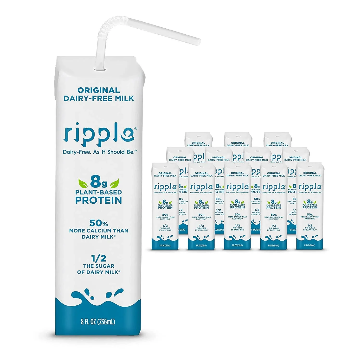 Ripple Non-Dairy Milk, Original | Vegan Milk With 8g Pea Protein| Shelf Stable Single Serve Cartons | On-The-Go | Non-GMO, Plant Based, Gluten Free | 8 Fl Oz (Pack of 12)