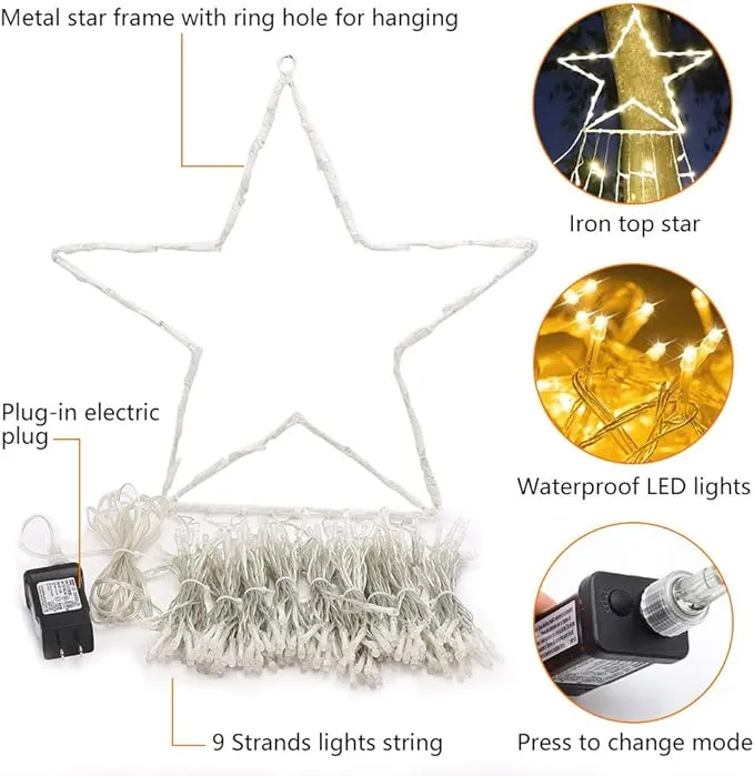 PUHONG Christmas Decoration Star Lights Outdoor,320 LED 16.4Ft Christmas String Lights[8 Modes& Waterproof] for Halloween Xmas New Year Holiday Birthday(Iron) (Warm White)