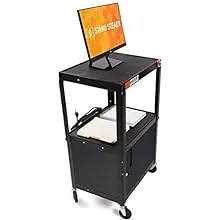 Line Leader AV Cart w/Locking Cabinet, Black Metal Utility Cart with Storage Shelf - Height Adjustable, Mobile and Great for Offices, Classrooms, Libraries (Black, 24in x 18in)