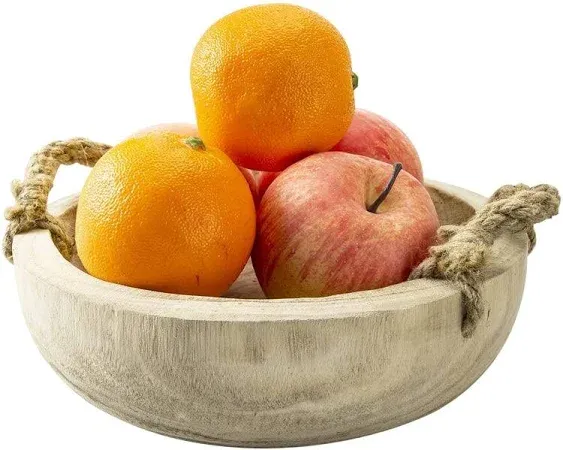 MyGift 9.6 inch Handmade Natural Paulownia Wood Fruit Bowl with Rope Handles, Decorative Round Serving Bowl Tabletop Home Décor