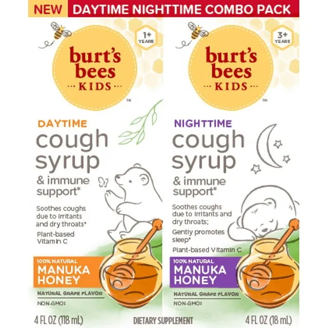 Burt's Bees Kids Daytime and Nighttime Cough Syrup and Immune Support, Natural Grape Flavor, Dietary Supplement, 8 Fl Oz