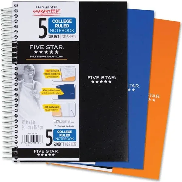 Five Star Spiral Notebook, 5 Subject, College Ruled Paper, 180 Sheets, 9-1/2" x 6" Sheet Size, Assorted Colors (06184)