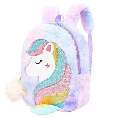  CBOALOGR Cute Plush Unicorn Toddler Small Backpack Little Plush Tail-purple