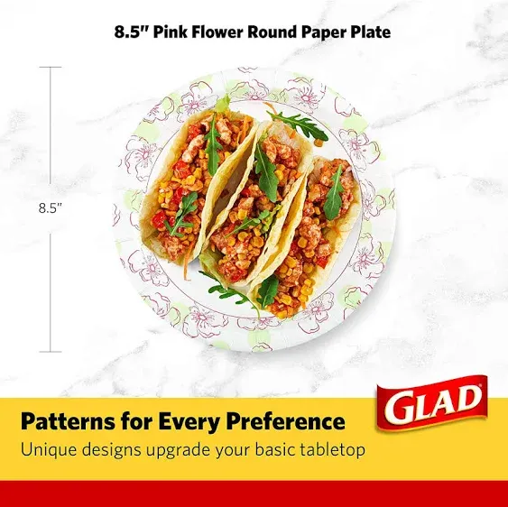 Glad Round Disposable Paper Plates for All Occasions | Soak Proof, Cut Proof, Microwaveable Heavy Duty Disposable Plates | 8.5" Diameter, 600 Count Bulk Paper Plates,Pink,White