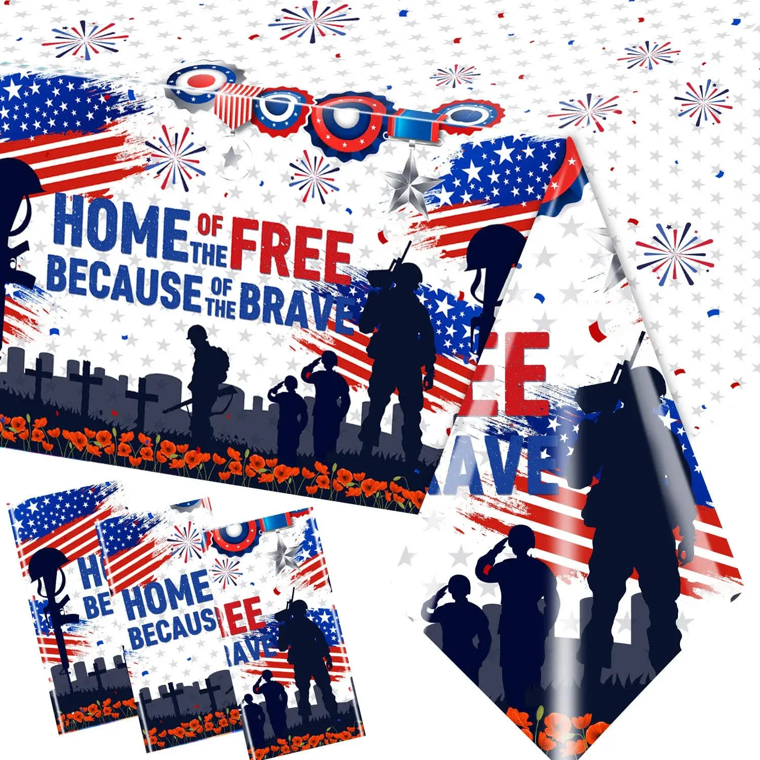 GREHUMOR Veterans Day Decorations Tablecloth 3Pcs- Patriotic Soldier Table Cover,4th of July Home of The Free Because of The Brave,Independence Day Memorial Day Plastic Disposable Tablecloth