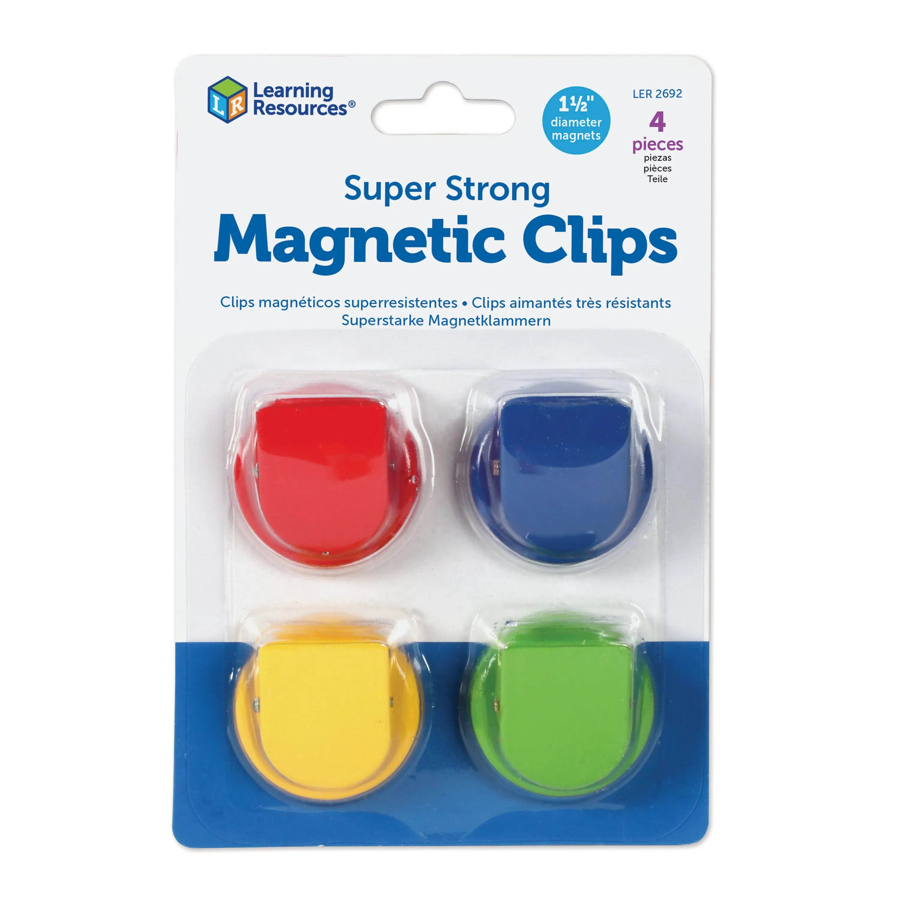 Learning Resources Super Strong Magnetic Clips Set - 1.5" Diameter - 50 Sheet Capacity - for Whiteboard, Folder - 4 / Pack - Assorted