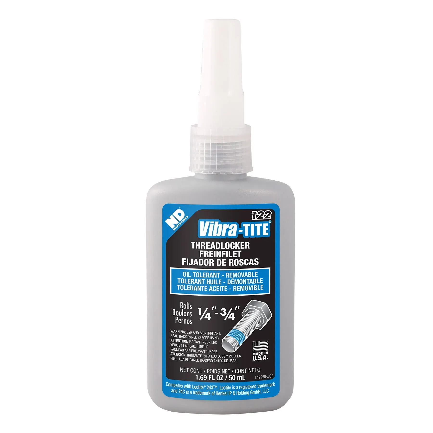 Vibra-Tite 122 Oil Tolerant Removable Anaerobic Threadlocker, 50 ml Bottle, Blue