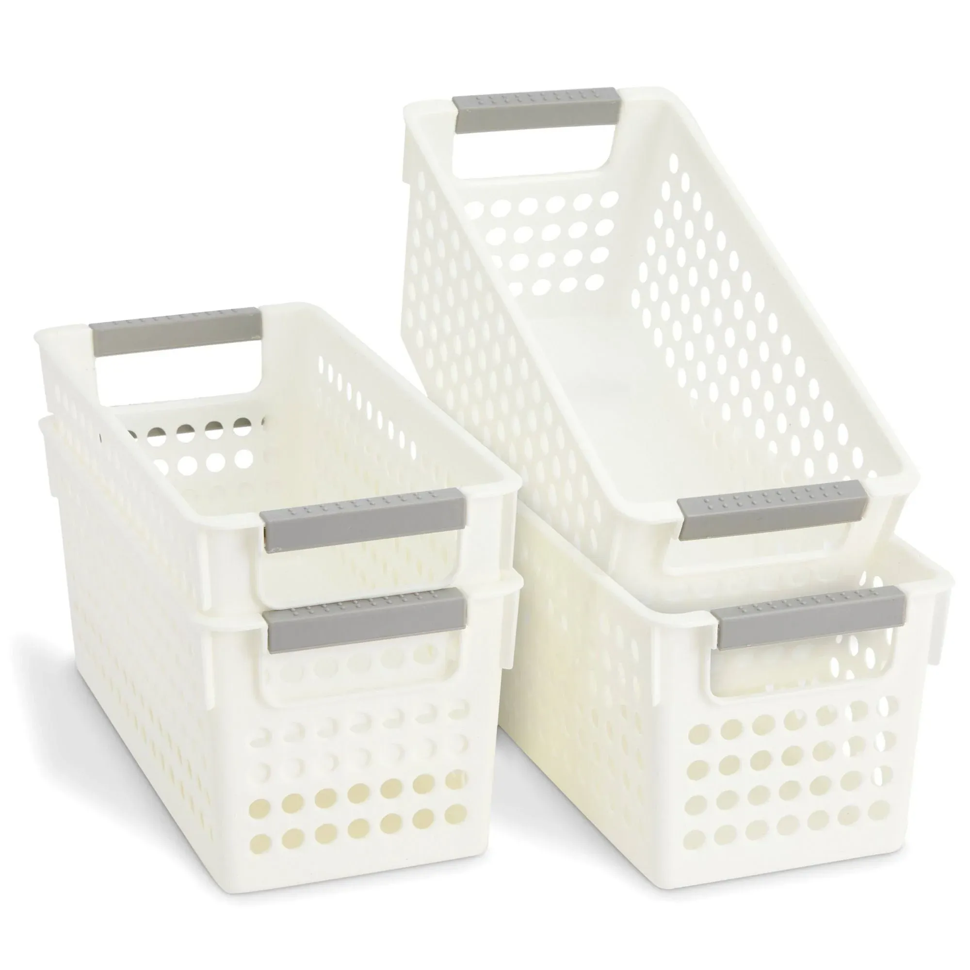 4 Pack Plastic Baskets for Organizing, White Narrow Storage Bins with Gray Handles, Small Nesting Containers for Shelf, Kitchen, Bathroom, Laundry, 5in Baskets