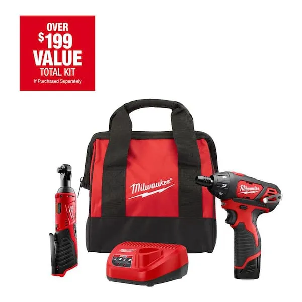 Milwaukee M12 12-Volt Lithium-Ion Cordless 3/8 in. Ratchet and Screwdriver Combo Kit (2-Tool) with Battery, Charger, Tool Bag