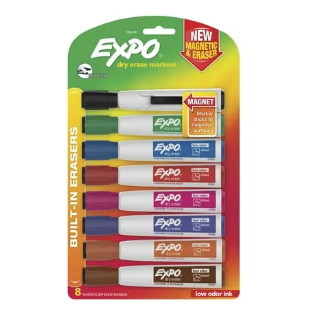 Magnetic Dry Erase Fine Marker With Eraser 8/Pkg-Assorted