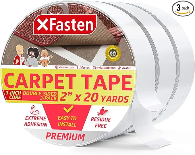 XFasten Double Sided Carpet Tape - 2” x 20yd (3-Pk) Bulk Double Sided Rug Tape for Carpet, Indoor Outdoor Carpet Tape for Area Rugs over Carpet, Strong Adhesion Carpet Binding Tape for Hardwood Floors