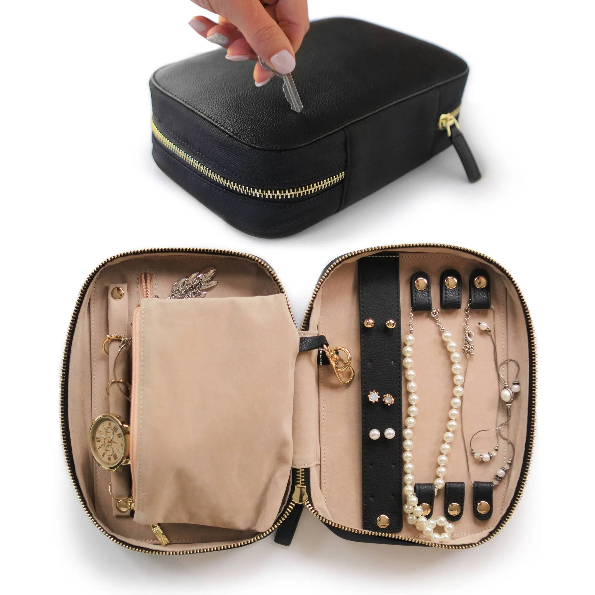 Case Elegance Large Jewelry Travel Organizer with Full-Grain Scratch-proof Leather