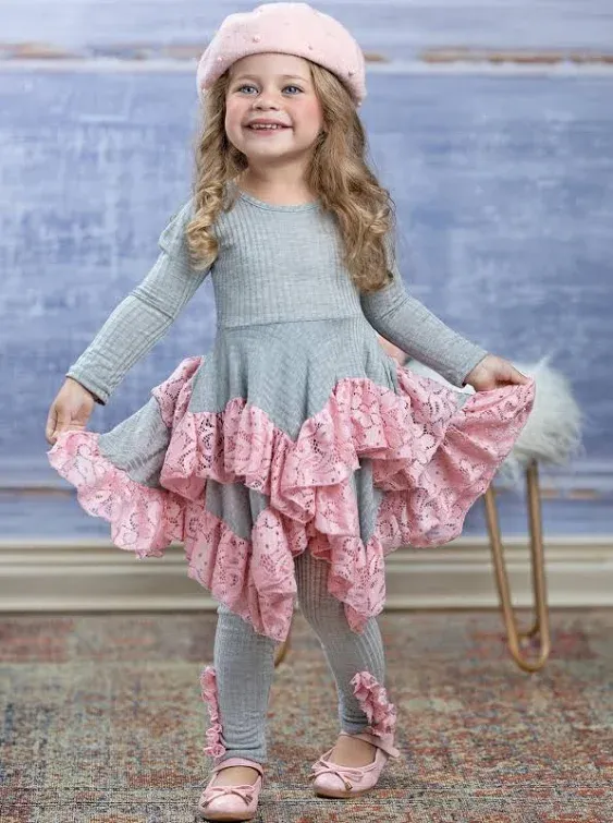 Girls Fall Outfits | Lace Tiered Tunic & Legging Set - Mia Belle Girls Grey / 10Y/12Y