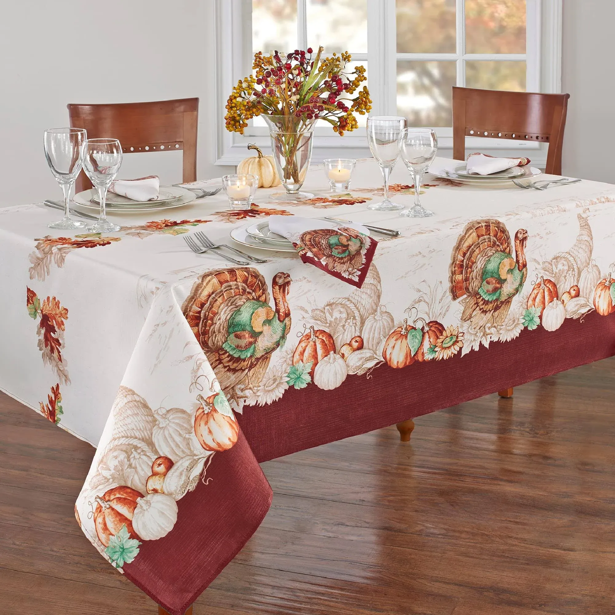 Newbridge Thanksgiving Country Turkey Rectangle Fabric Bordered Tablecloth, 52 x 70 Inch, Fall Autumn Pumpkin Harvest Leaf Toile Cottage Print, Soil Resistant No Iron Table Cover for Holiday Dining