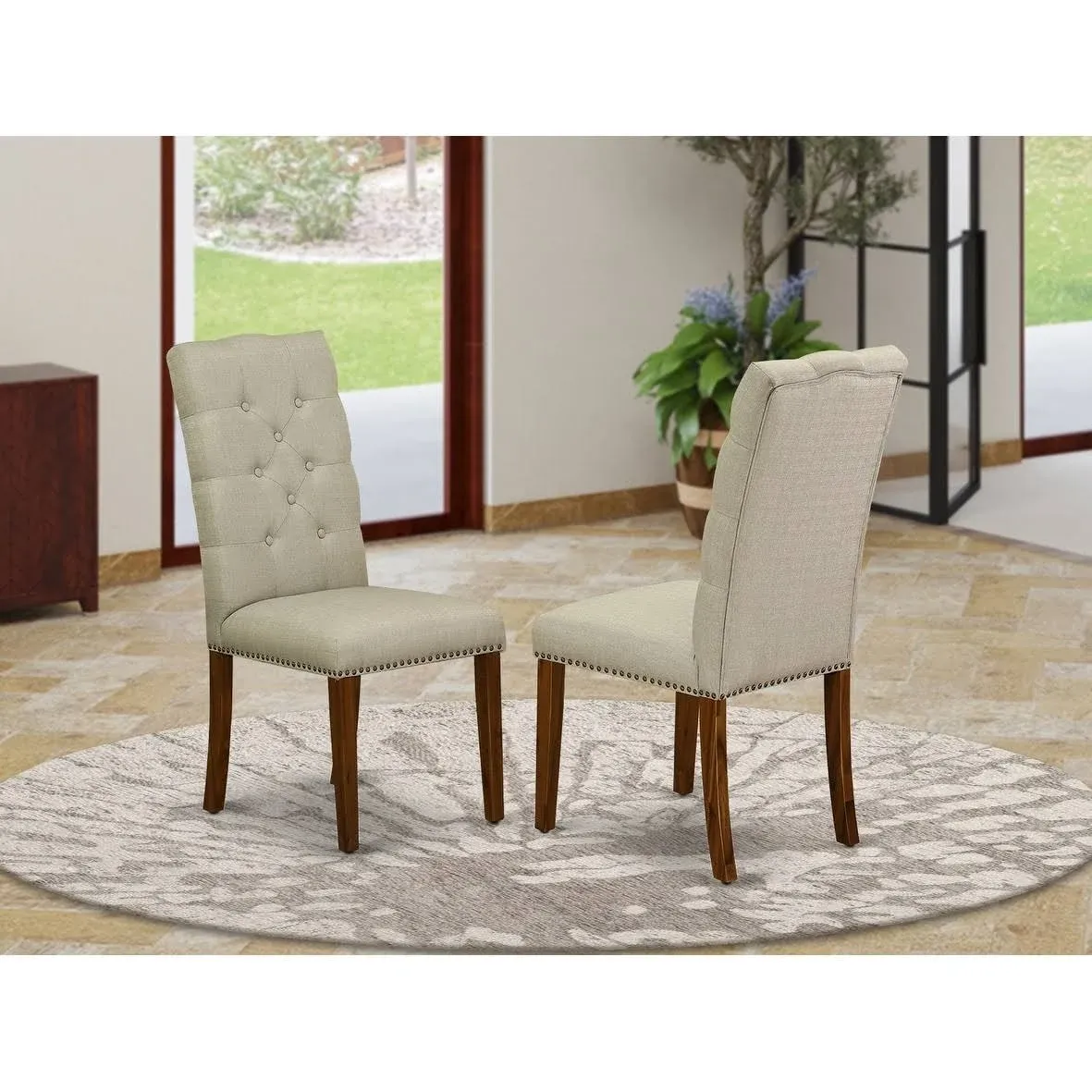 East West Furniture ELP8T05 Elsa Parson Dining Chairs - Button Tufted Nailhead Trim Grey Linen Fabric Upholstered Chairs, Set of 2, Walnut