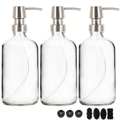 Youngever 3 Pack 16 Ounce Clear Glass Boston Round Bottles with Stainless Steel Pumps, Glass Soap Dispensers with Extra Labels and Lids, Great for Essential Oils, Lotions, Liquid Soaps