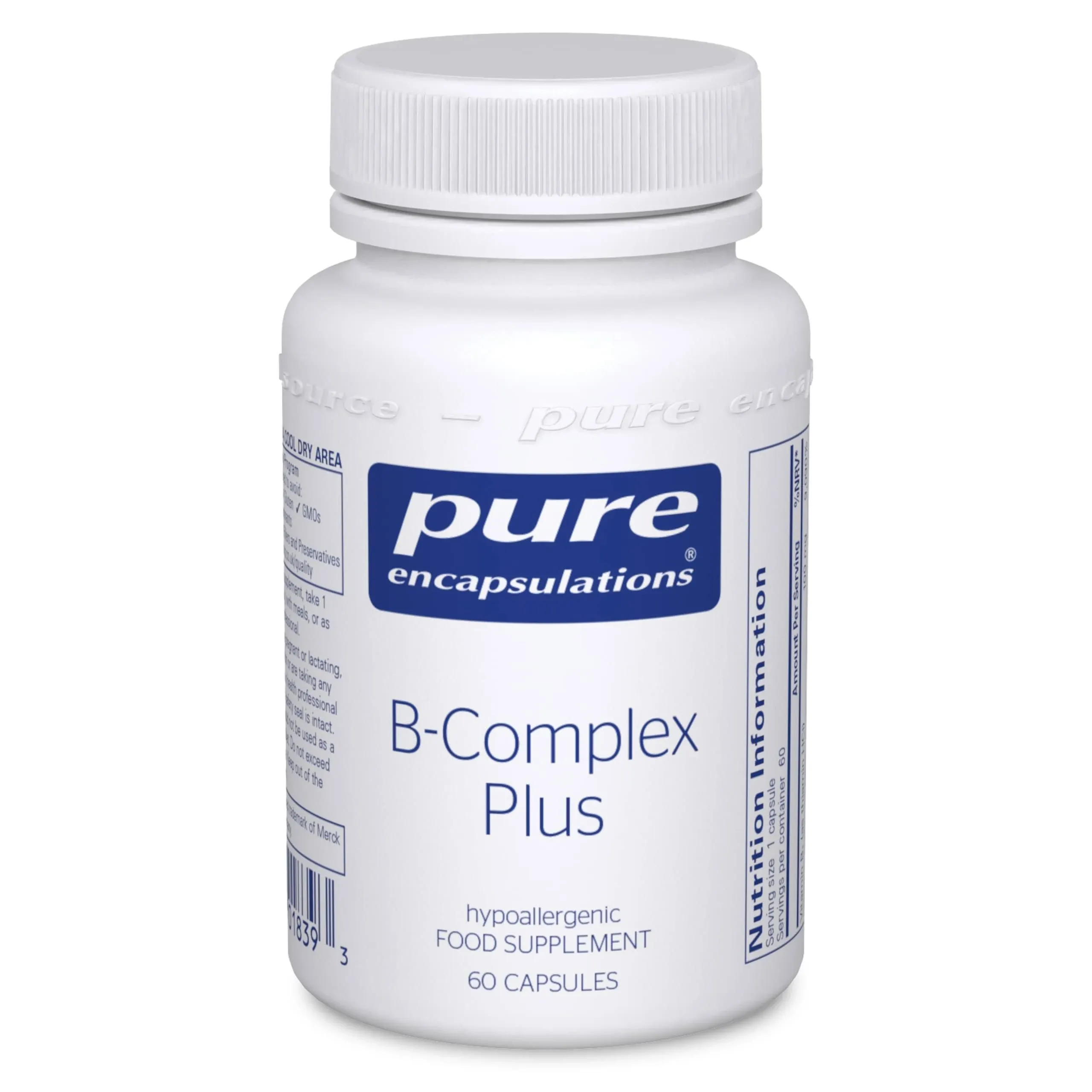 Pure Encapsulations B-Complex Plus | B Vitamins Supplement to Support Red Blood Cell Growth, Neurological and Psychological Health, Cardiovascular Health, Energy Levels, and Eye Sight* | 60 Capsules