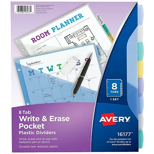 Write & Erase Pocket Plastic Dividers, 8-Tab Set, Multicolor, 1 Set