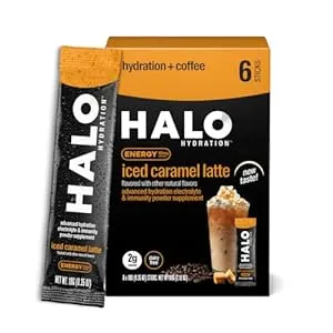 HALO Iced Caramel Latte - Energy Drink Powder – Healthy Coffee Mix for Hydration with Electrolytes, Caffeine, Vitamins and Minerals - 20 Calories - Keto and Low Calorie - 1 x 12 Sticks