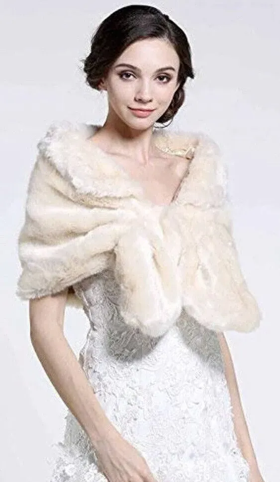 Aukmla Wedding Party Fur Wraps and Shawls Bridal Fur Stole Sleeveless Faux Fur Shawl with Stunning Rhinestones Crystal Brooch