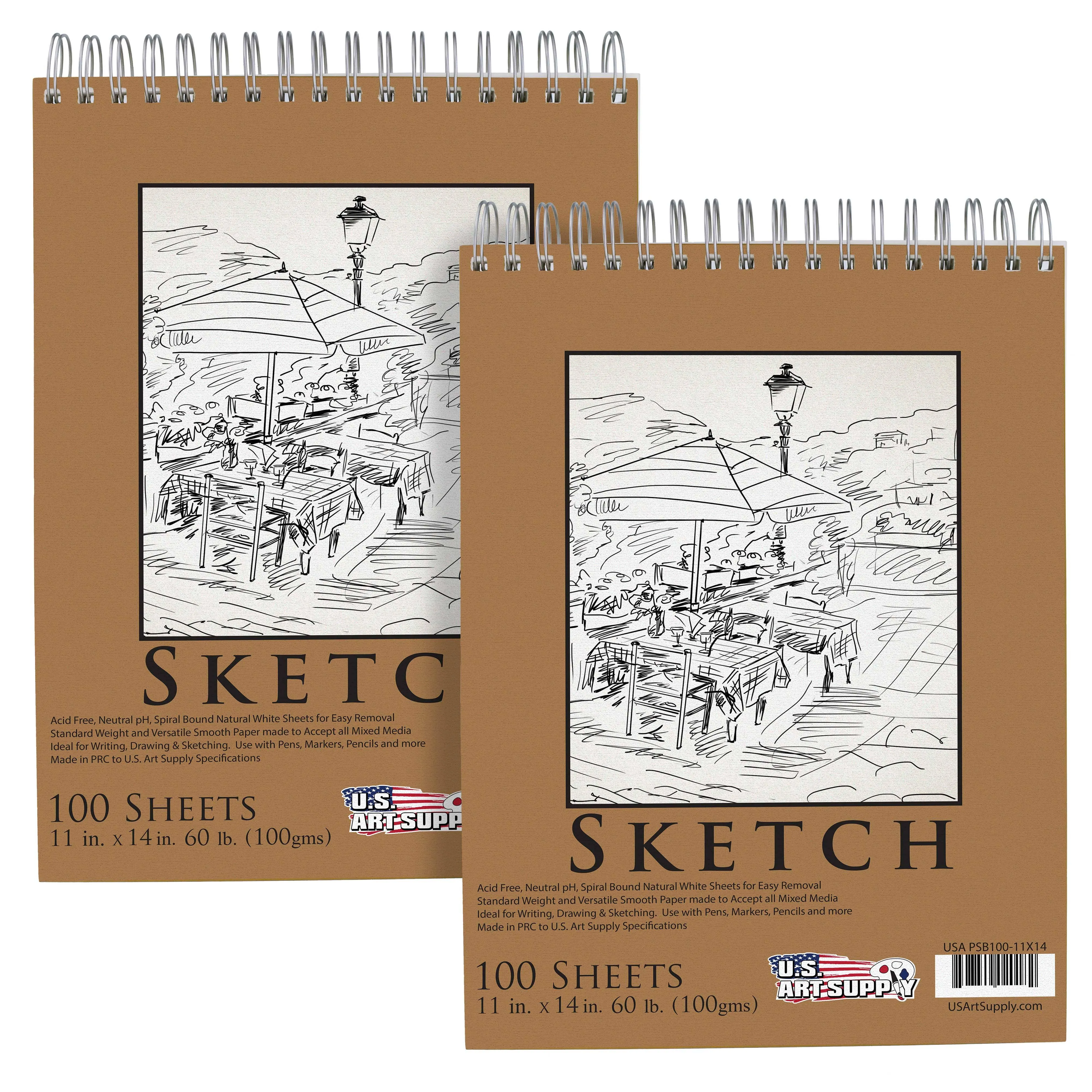 U.S. Art Supply 11" x 14" Premium Spiral Bound Sketch Pad of 100-Sheets 60 Pound