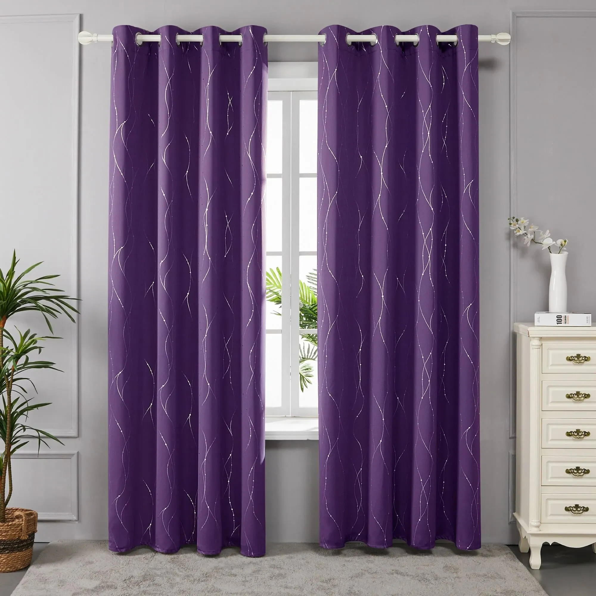 Deconovo Blackout Grommet Silver Pattern Printed Curtains, Purple Grape, 38W x 36L