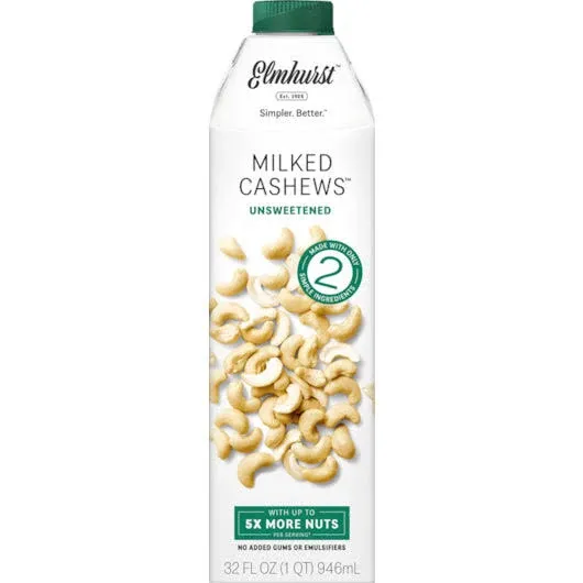 Elmhurst 1925 Cashew Milk, Unsweetened Cashew Milk, Shelf Stable Cashew Milk, Vegan, Kosher, Nondairy, Sugar Free, Non GMO, Plant Based Alternative Milk, Made With Water And Cashews, Simpler Better, 32 Ounce (Pack of 6)