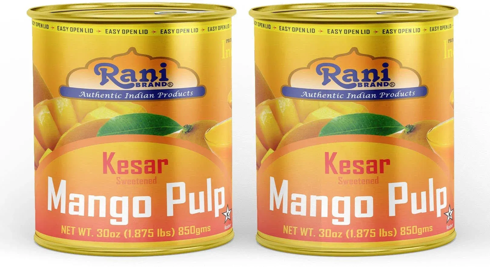 Rani Mango Pulp Puree (Makes Mango Lassi Shakes) Kesar Sweetened 30oz (1.875lbs) 850g Pack of 2 ~ Kosher | All Natural | Non-GMO | Vegan | No Colors