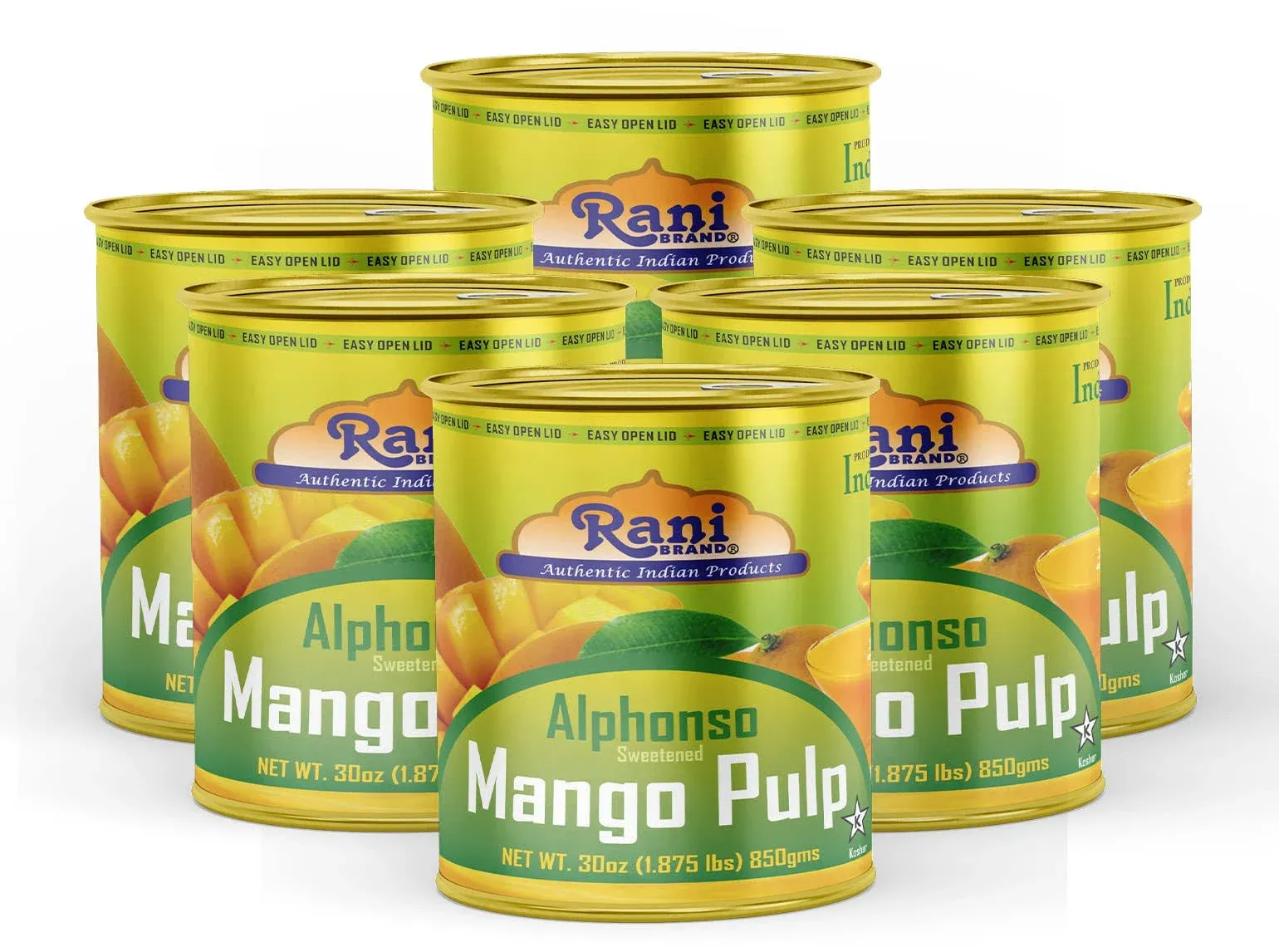 Rani Mango Pulp Puree (Makes Mango Lassi Shakes) Alphonso Sweetened 30oz (1.875lbs) 850g Pack of 6 ~ Kosher | All Natural | Non-GMO | Vegan | No