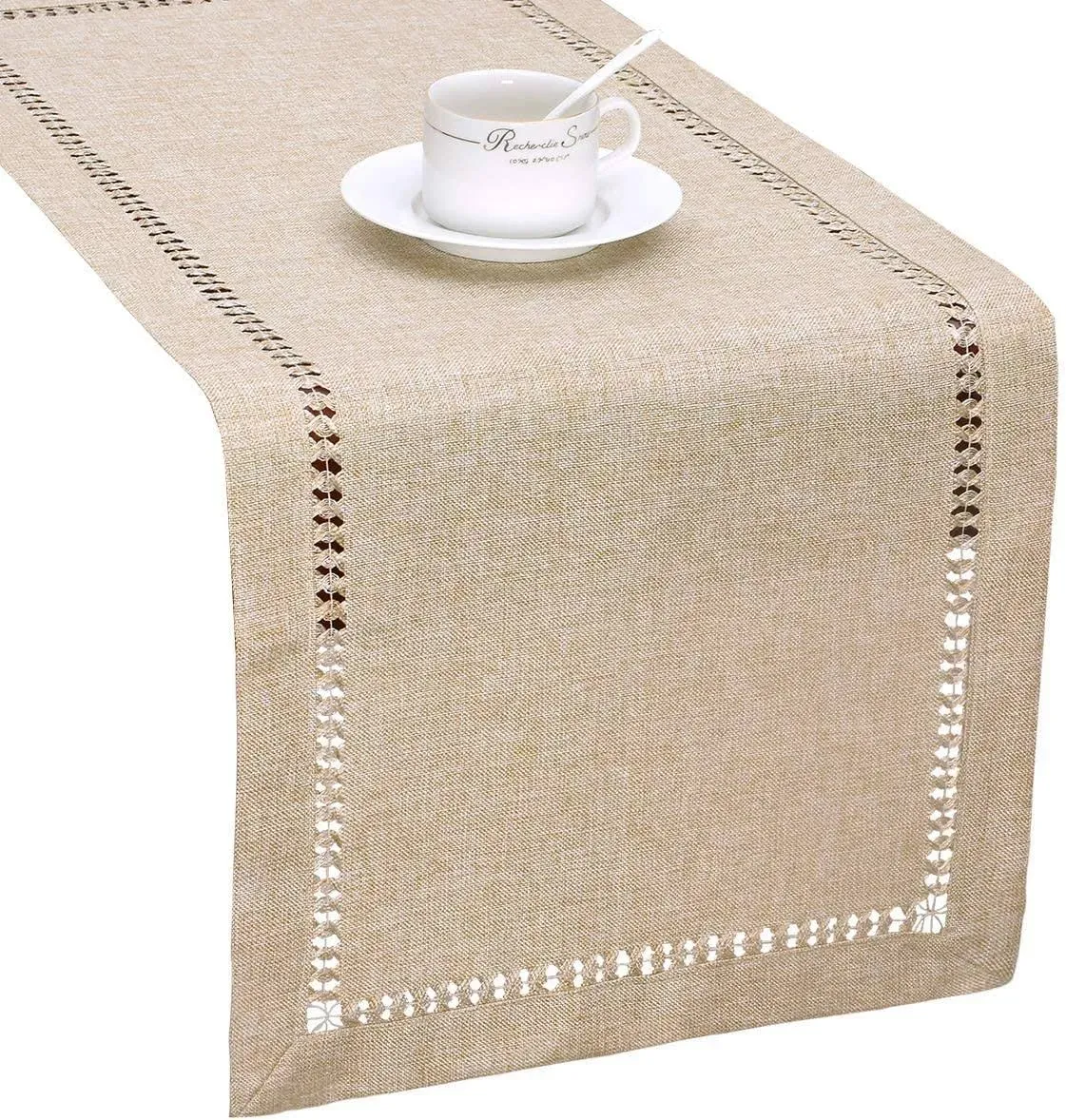 Grelucgo Handmade Hemstitch Beige Table Runner Or Dresser Scarf, Rectangular 14 