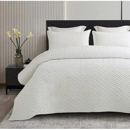 Exclusivo Mezcla 3-Piece Queen Size Quilt Set with Pillow Shams Basket Quilted Bedspread/Coverlet/Bed Cover(96x90 inches White)-Soft Lightweight and Reversible