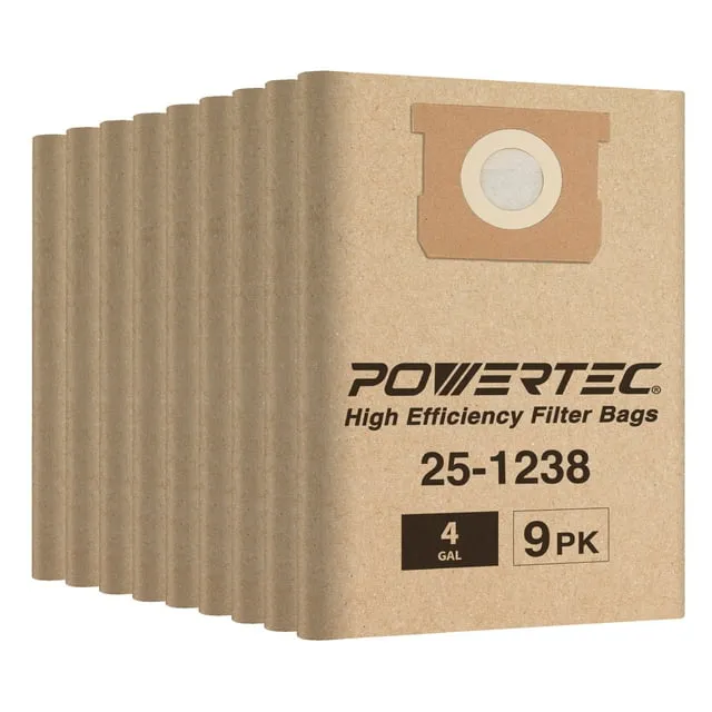 POWERTEC 75051-P3 Filter Bags for Stanley 25-1238, Porter Cable PCX18301-4B 4 Gal Wet Dry Vacuum, 9PK