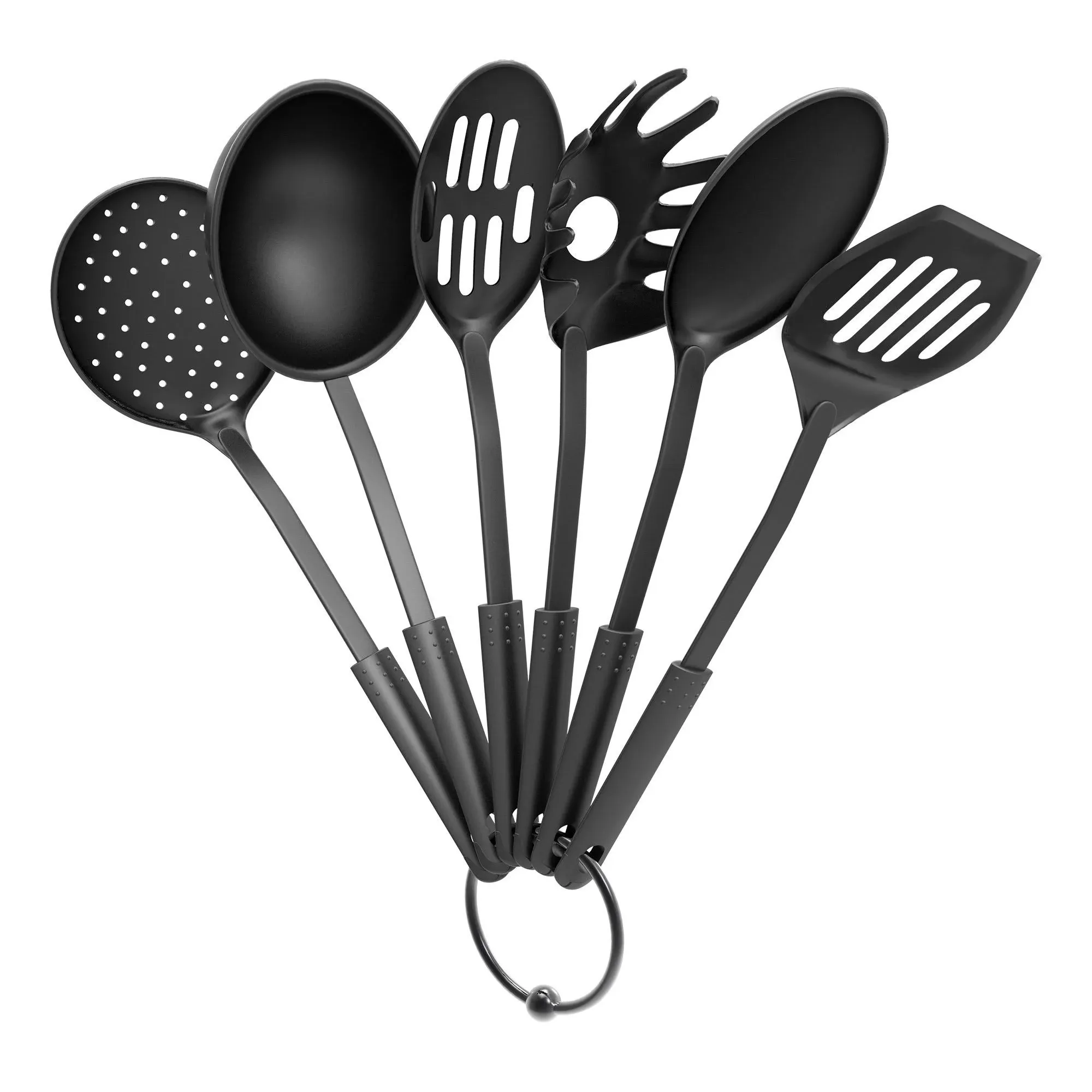 Chef Buddy 82-Y3455 Utensil and Gadget Includes Plastic Spatula and Spoons Cookware Ring (Six Piece Set)-Kitchen Essentials, Multi, Black