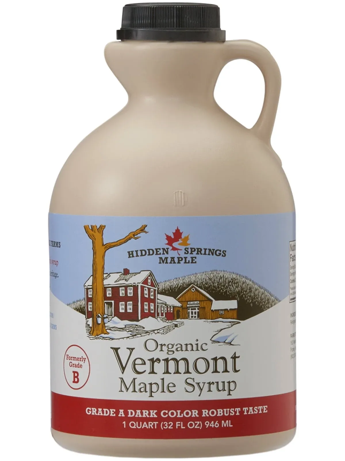 Hidden Springs Maple Organic Vermont Maple Syrup, Grade A Dark Robust (Formerly Grade B), 32 Ounce, 1 Quart, Family Farms, BPA-free Jug