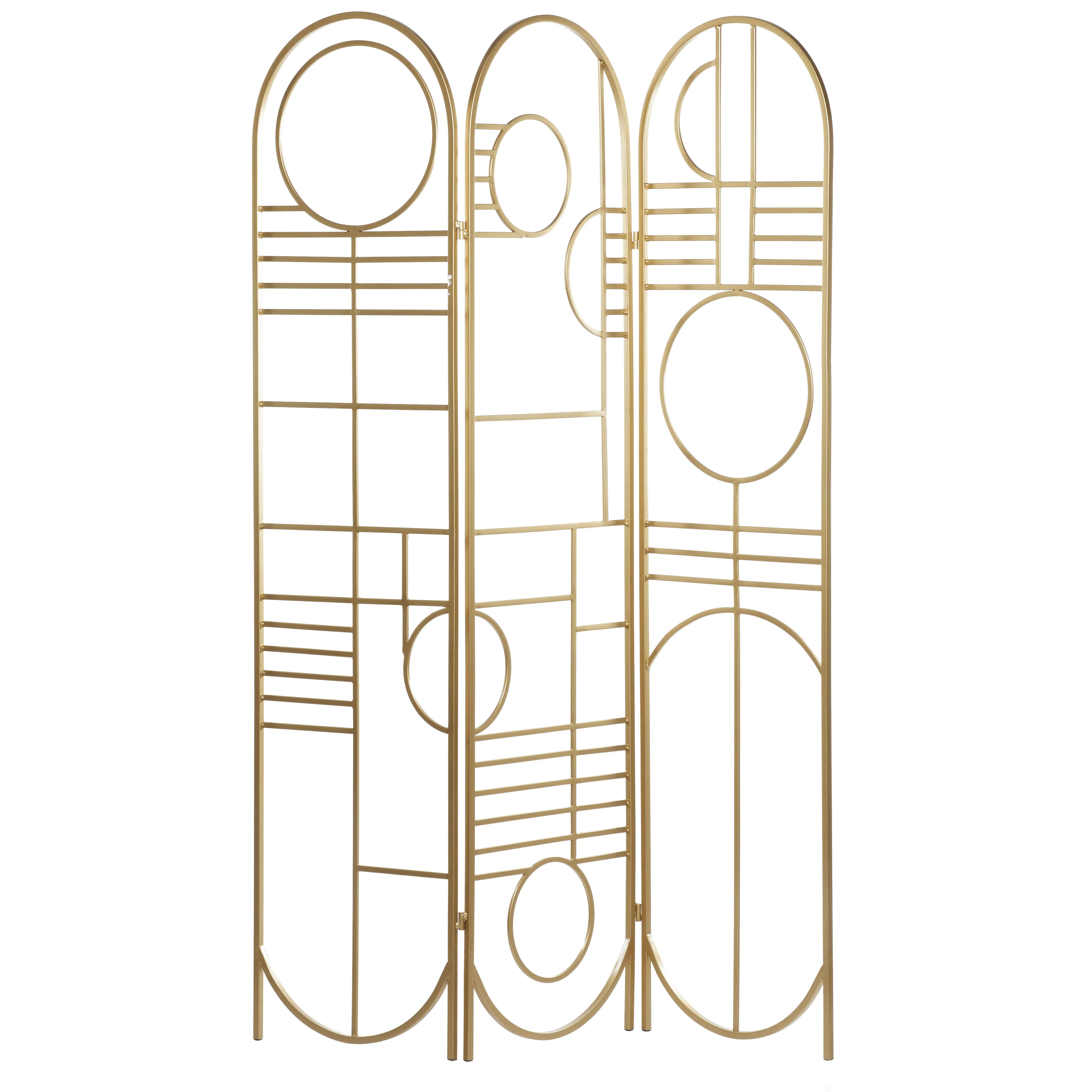 Gold Metal Hinged Foldable Arched Partition 3 Panel Gold 50 x 1 x 69